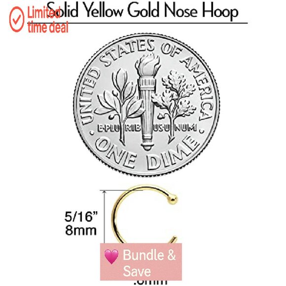18k Gold Nose Hoop, 20 Gauge 5/16" Handmade Hypoallergenic Piercing - Picture 7 of 8